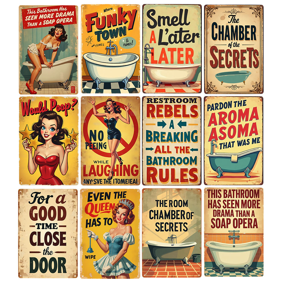 Home Bathroom Rules - กฎห้องน้ำตลกๆ ป้ายโลหะวินเทจ ของตกแต่งบ้านสไตล์เรโทร ศิลปะติดผนังห้องน้ำ ไอเดียของขวัญ