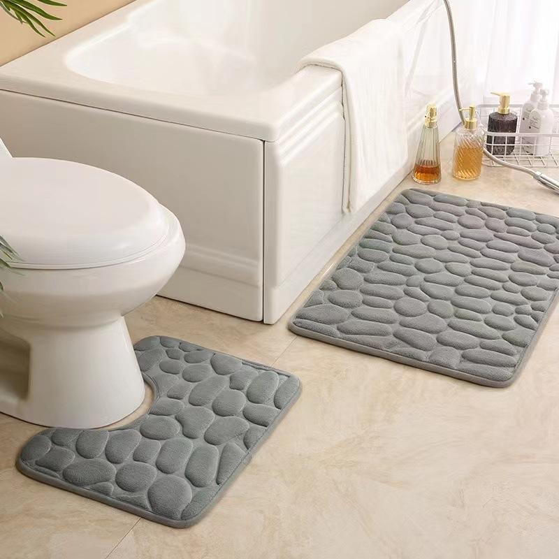 Home Toilet Bathroom Design - ชุดพรมห้องน้ำสีเทา 1/2 ชิ้น กันลื่น ดูดซับน้ำได้ดี ลายกรวดนุ่ม