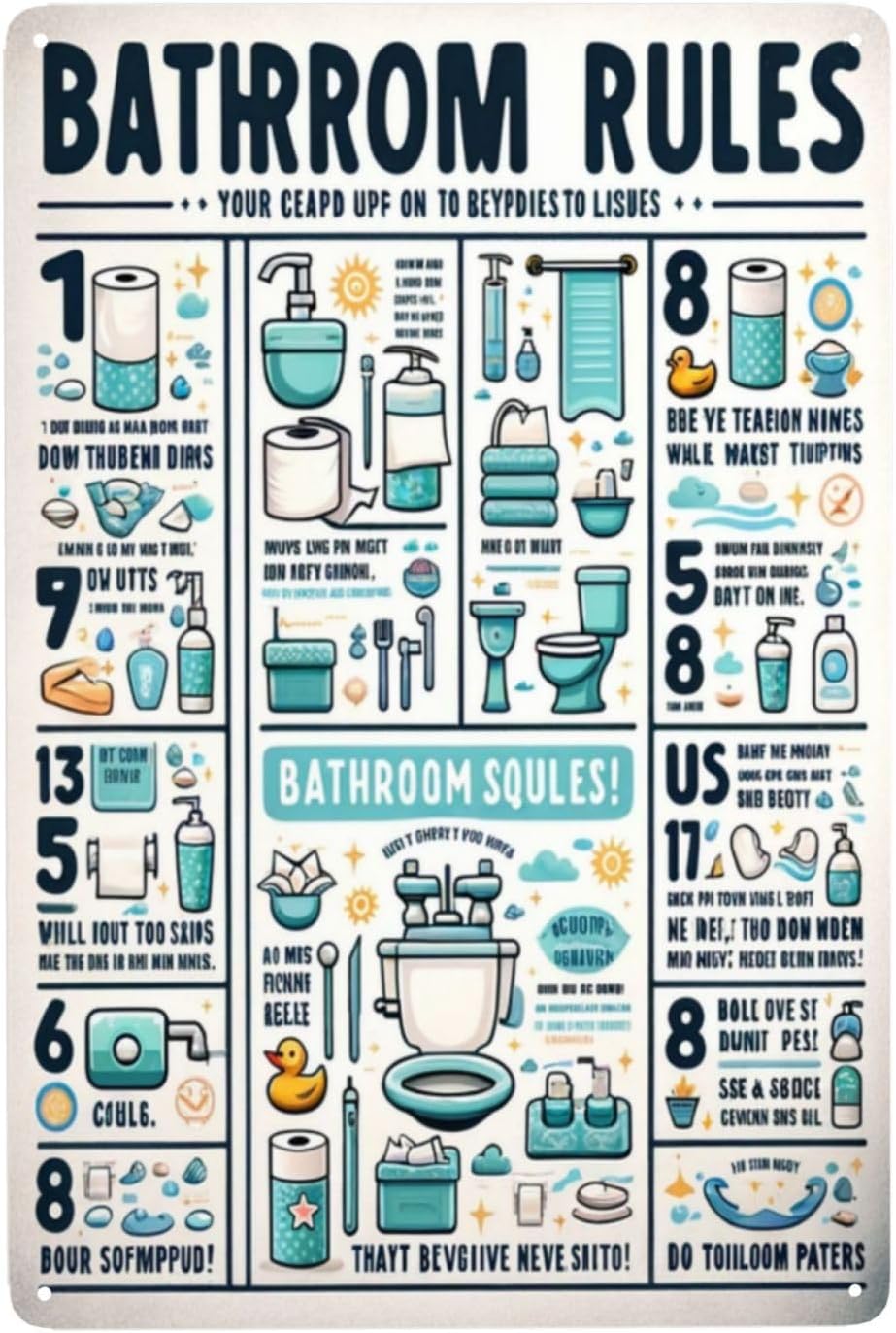 Home Bathroom Rules - ป้ายโลหะกฎเกณฑ์ห้องน้ำสุดสนุกและแปลกใหม่ - ของตกแต่งผนังบ้านสีสันสดใส - ป้ายข้อความขำขันสำหรับห้องน้ำของครอบครัว