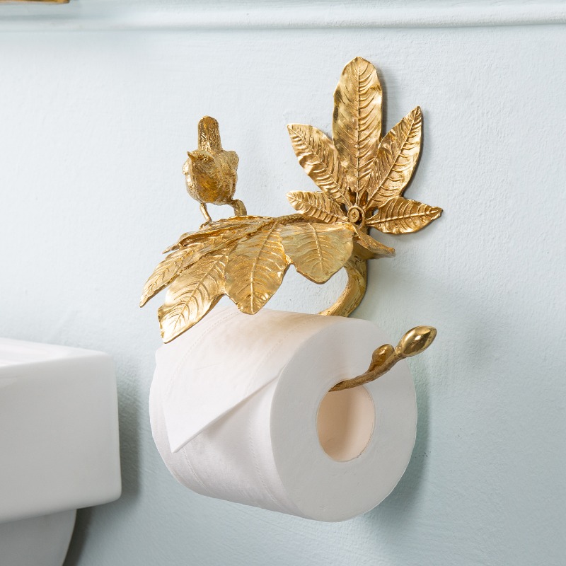 Home Toilet Bathroom Design - ที่ใส่กระดาษชำระทองเหลืองแท้ ดีไซน์หรูหรา ลายรูปนก สไตล์เรโทร ติดผนังรูปทรงกิ่งไม้ สำหรับห้องน้ำ