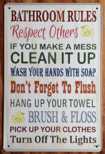 Home Bathroom Rules - ป้ายโลหะตกแต่งผนังสไตล์วินเทจ กฎห้องน้ำ ป้ายตกแต่งบ้าน