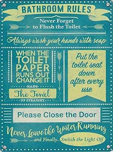 Home Bathroom Rules - ป้ายโลหะติดผนังสไตล์วินเทจ กฎห้องน้ำ ของขวัญย้อนยุค ป้ายโลหะดีบุกขนาด 8x12 นิ้ว