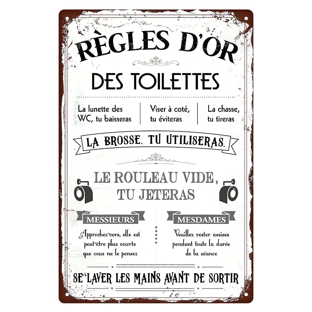 Home Bathroom Rules - ป้ายโลหะคำพูดตลกภาษาฝรั่งเศสสำหรับห้องน้ำ - 'กฎเกณฑ์ของห้องน้ำ' ของตกแต่งผนังสุดฮาสำหรับห้องน้ำในบ้าน เหมาะสำหรับตกแต่งห้อง