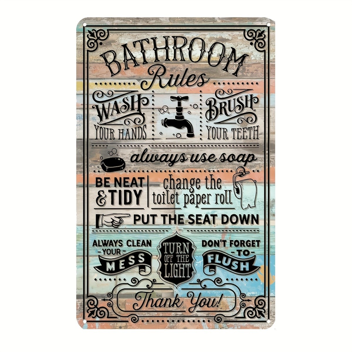 Home Bathroom Rules - ป้ายโลหะวินเทจสำหรับกฎเกณฑ์ห้องน้ำสไตล์ฟาร์มเฮาส์ ตกแต่งบ้าน ขนาด 8x12 นิ้ว
