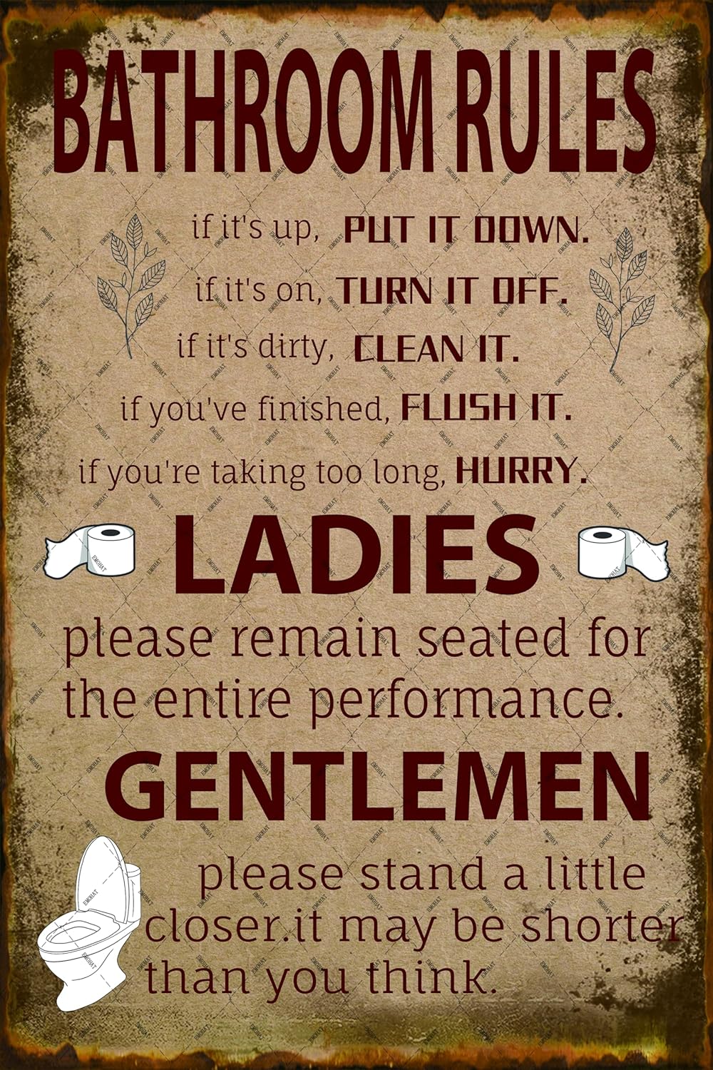 Home Bathroom Rules - กฎห้องน้ำ ป้ายโลหะ ป้ายตกแต่งห้องน้ำสไตล์วินเทจ ของตกแต่งผนัง โปสเตอร์สำหรับตกแต่งบ้าน ห้องน้ำ