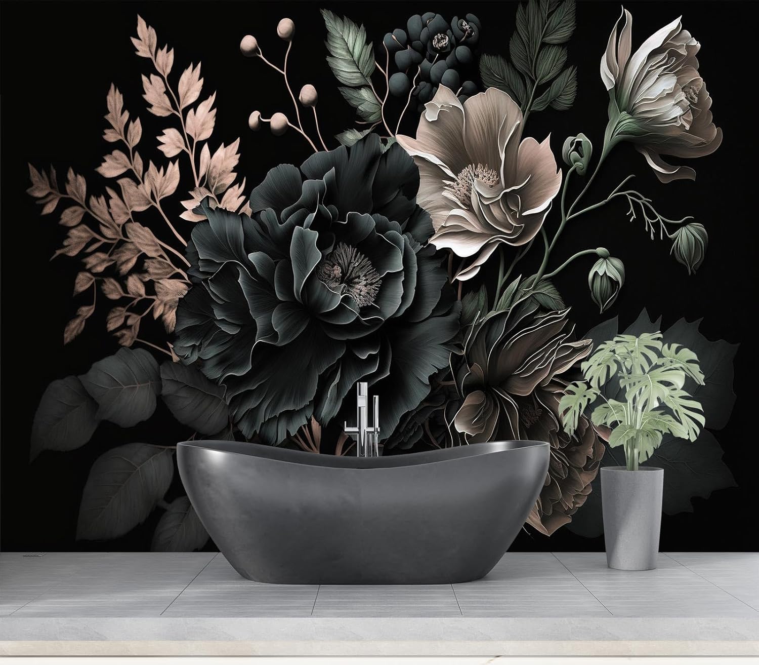 ภาพพิมพ์ลายดอกโบตั๋นสีเข้มสไตล - Home Bathroom Wallpaper บทวิจารณ์และราคา